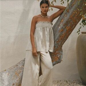 Anthropologie linen 2 piece set, strapless top and wide leg pants, small.